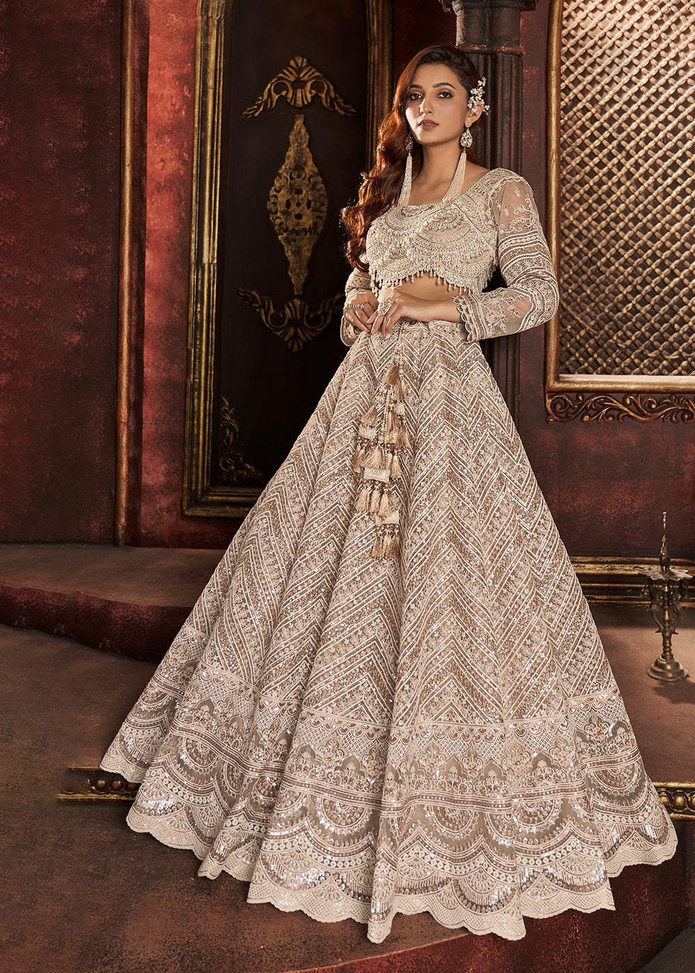 Bridal Lehenga Heavy Embroidered Beige Ivory Net Lehenga Choli