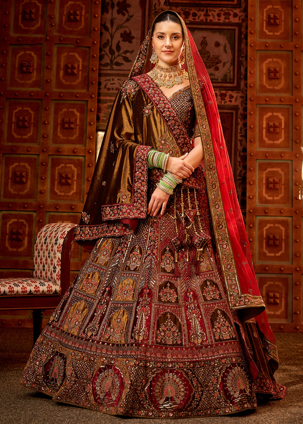 Bridal Lehenga Choli Maroon Velvet Hand Embroidered Lehenga