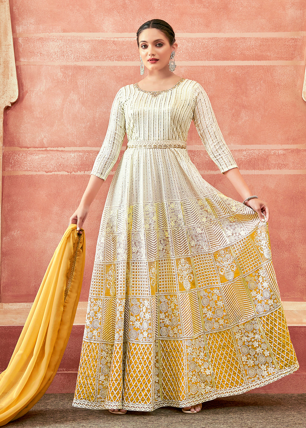 Buy Off White & Yellow Georgette Embroidered Festive Anarkali Suit –  Empress Clothing