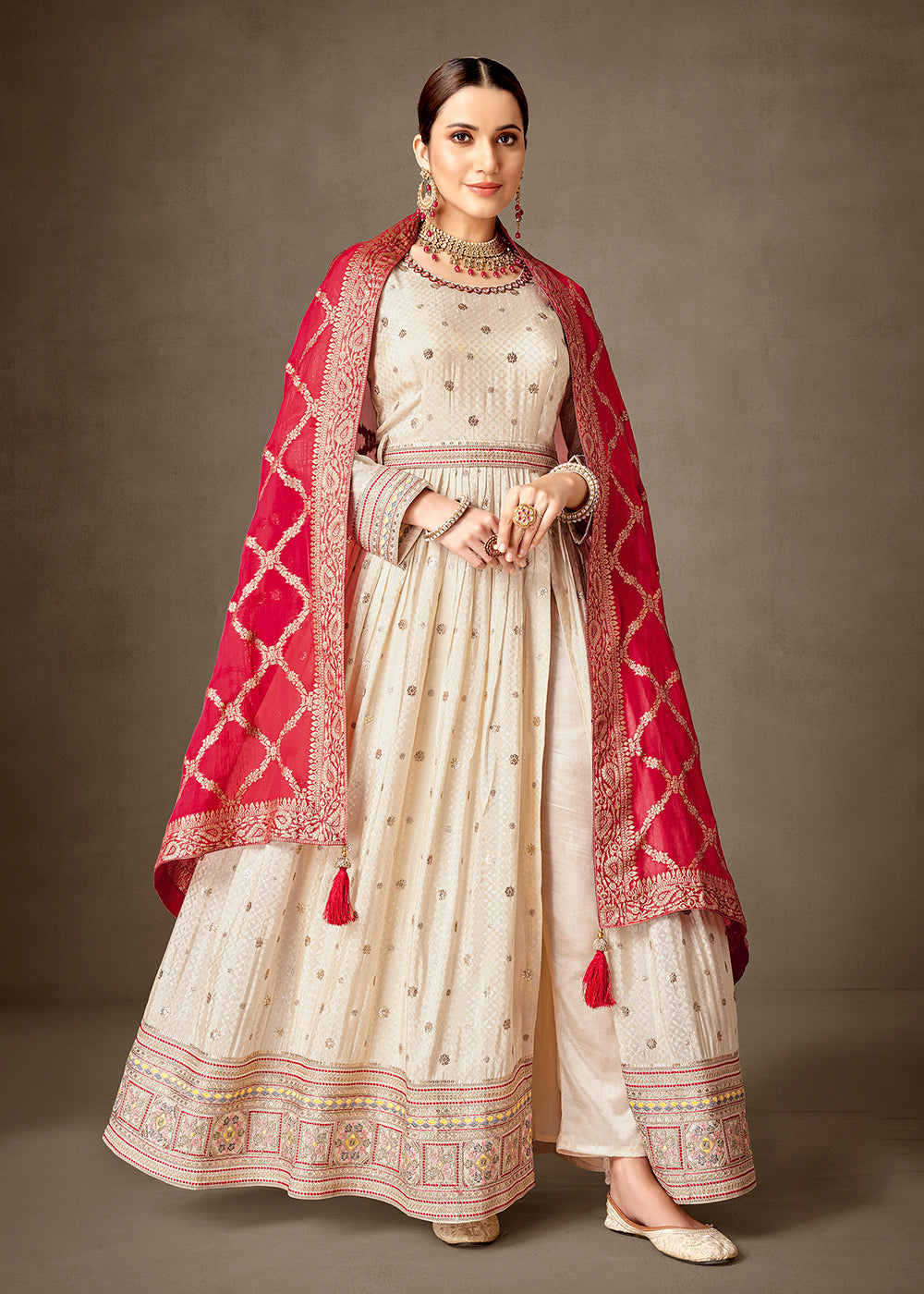 cream and red combination dress Maroon Red and Cream White Bride and Groom Set