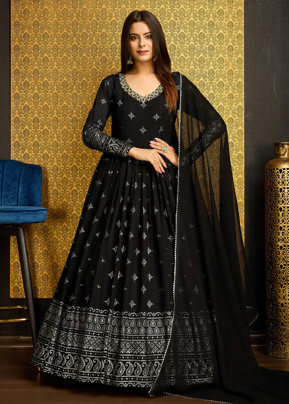 Buy Wedding Wear Gown - Black Metalic Foil Work Embroidered Gown Empress Clothing Buy Wedding Wear Gown - Black Metalic Foil Work Embroidered Gown Empress Clothing