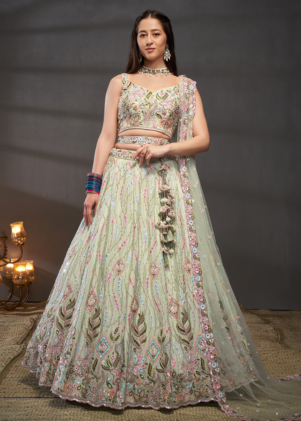 Lime Green Poly Chiffon Embroidered Bridesmaids Lehenga Choli
