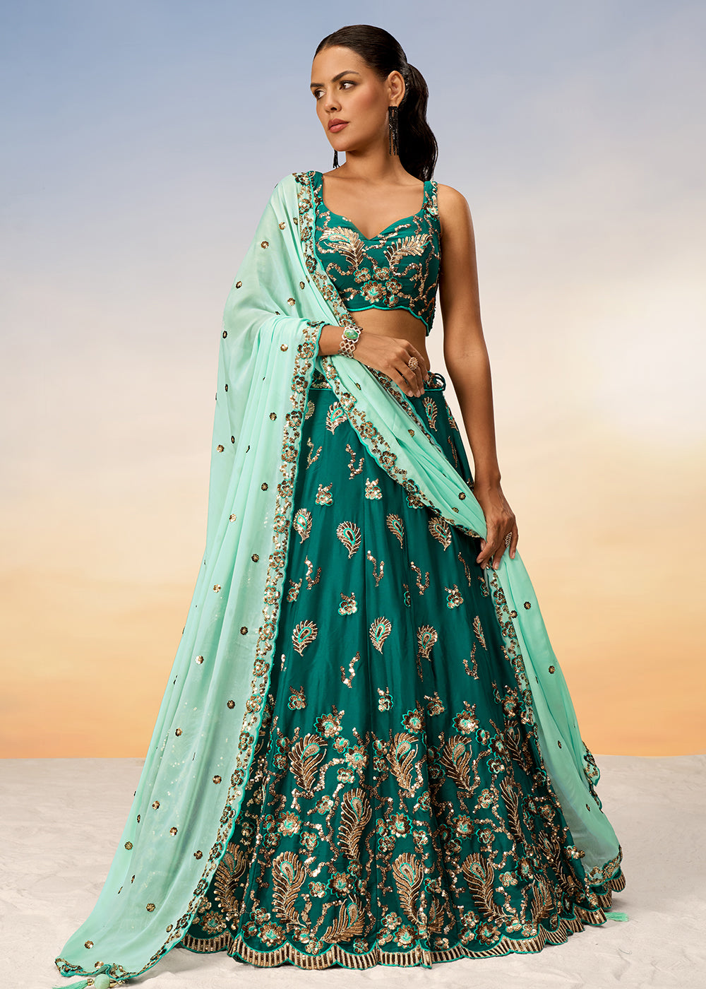 Buy Designer Lehenga - Pretty Green Sequins Embroidered Lehenga Choli –  Empress Clothing