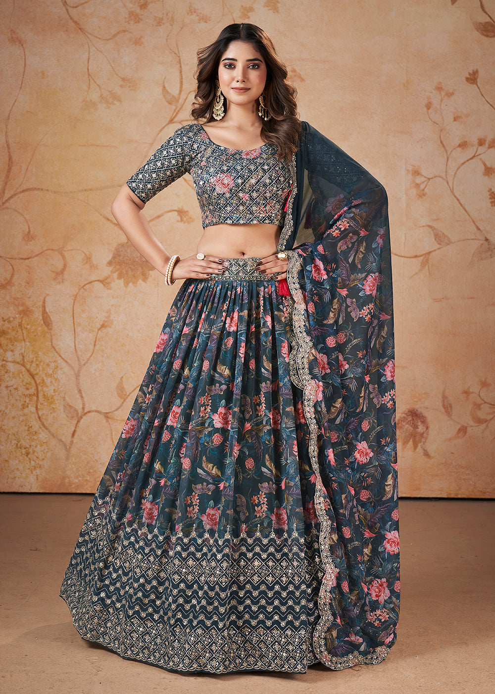 Wedding Festive Lehenga Choli Blue Digital Print Sequins