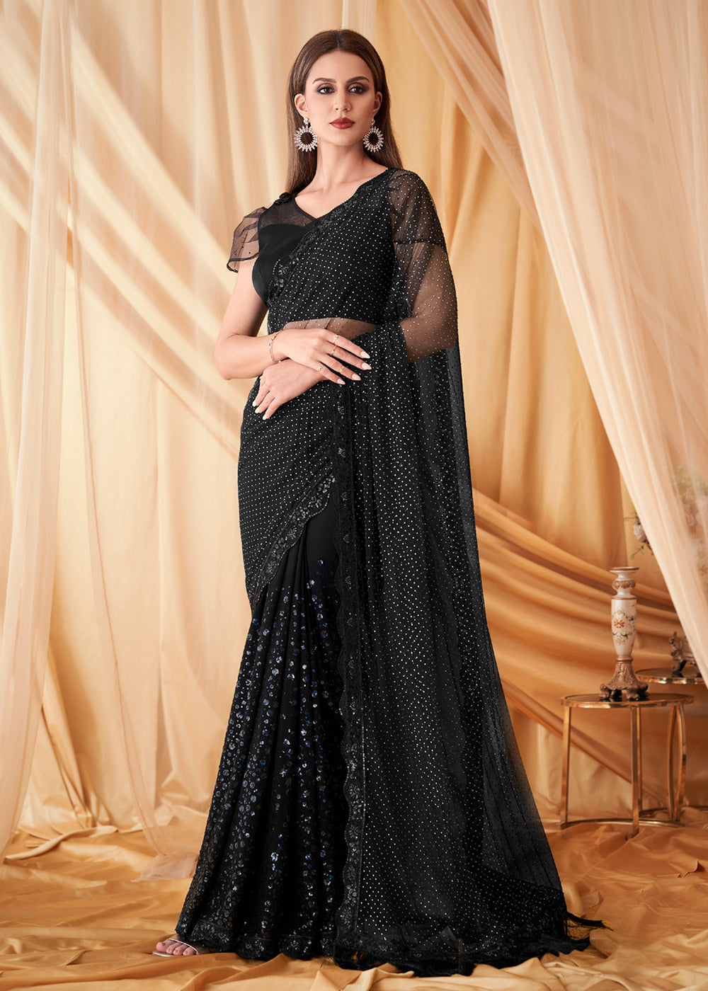 Black Saree With High Neck Saree Jackets Party Wear Black Saree