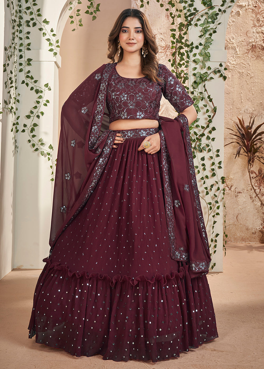 Buy Wedding Party Lehenga Choli Maroon Thread Sequin Lehenga
