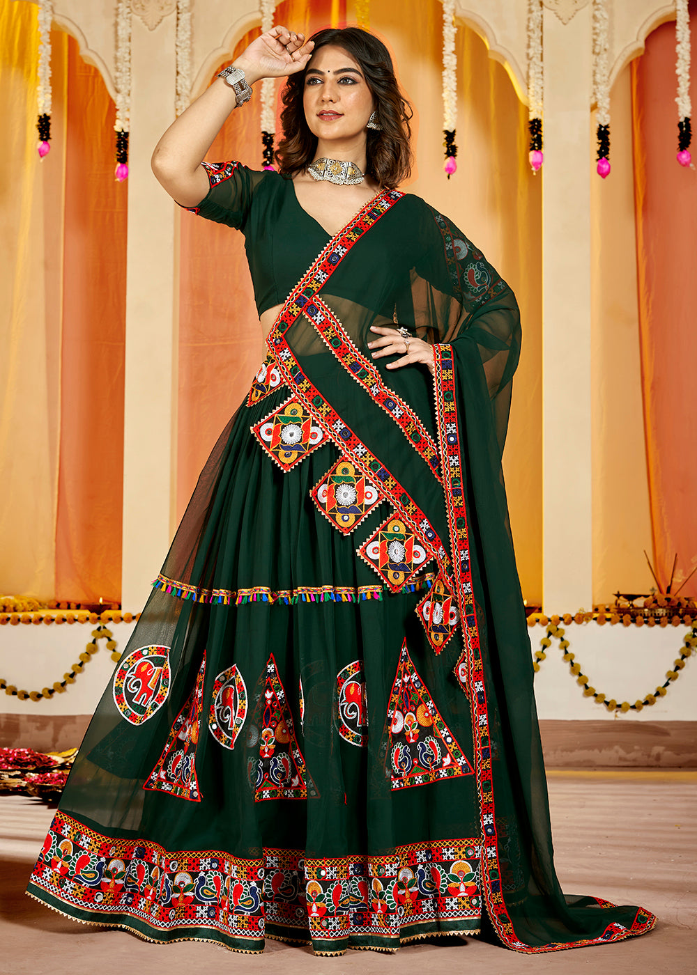 Green Gamthi Work Georgette Navratri Special Chaniya Choli