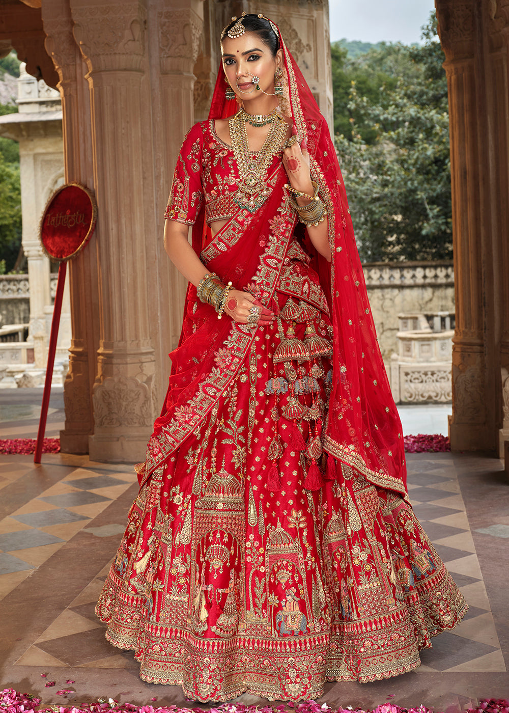 red golden pakistani bridal dresses Gold Pakistani Bridal Dress in Gown and Lehenga With Red Dupatta UY Collection