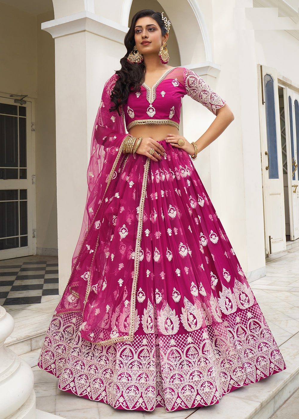 Buy Wedding Lehenga Choli Dark Pink Net Embroidered Lehenga