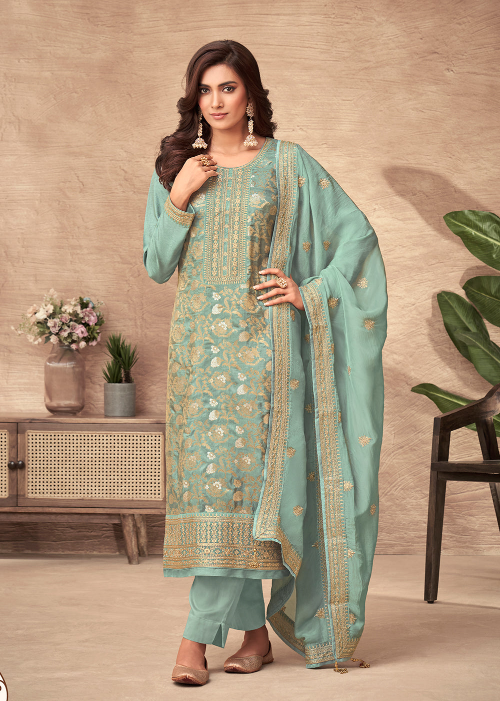 Embroidered Mint Blue Viscose Jacquard Pant Style Salwar Suit