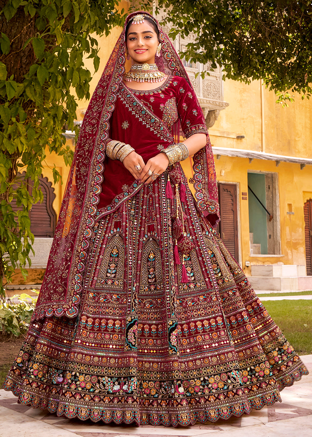 Maroon Traditional Bridal Style Embroidered Lehenga Choli