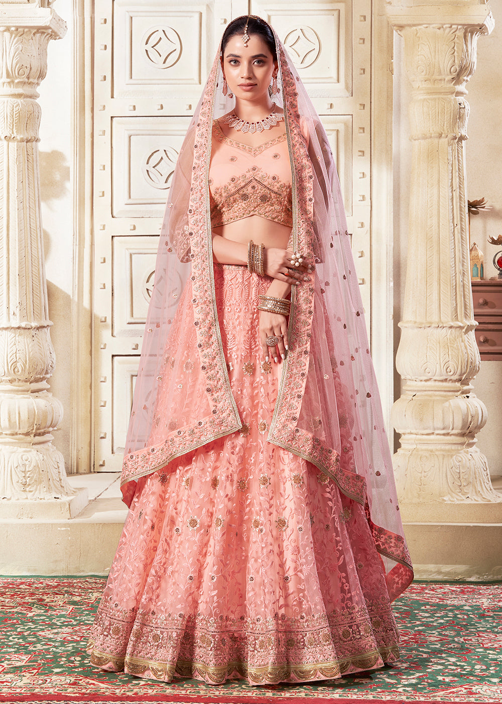 Buy Designer Lehenga in USA Dark Peach Wedding Style Lehenga