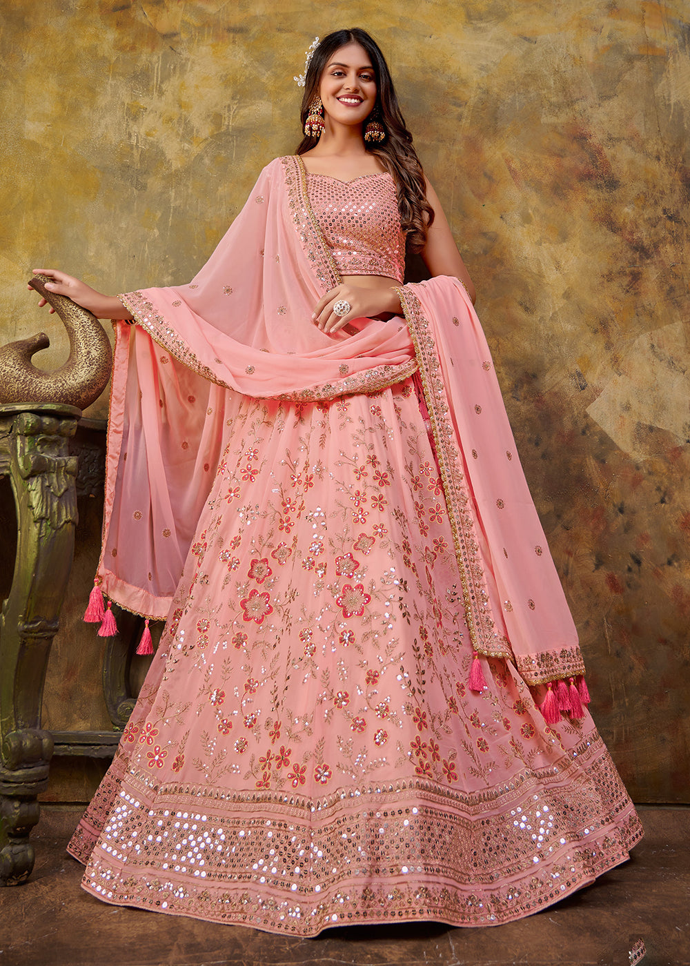 Buy Wedding Lehenga Baby Pink Premium Georgette Sequin Lehenga