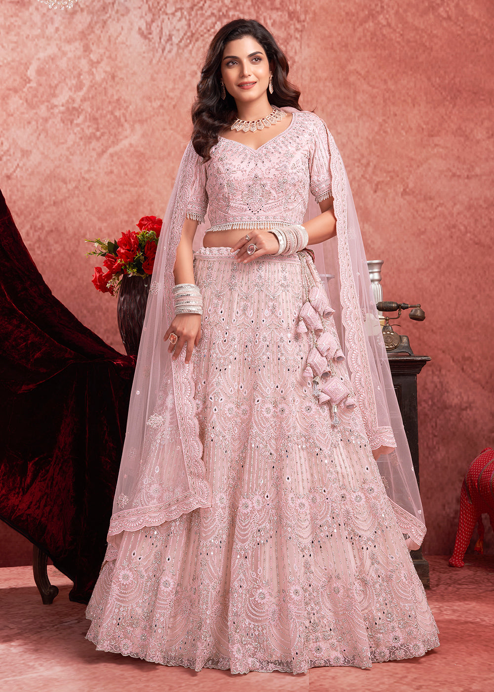 Buy Bridal Lehenga Choli Heavy Zarkan Embroidered Baby Pink