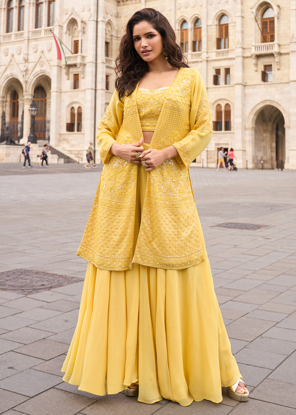 Indo Western Palazzo Suit Yellow Shrug Style Georgette Palazzo