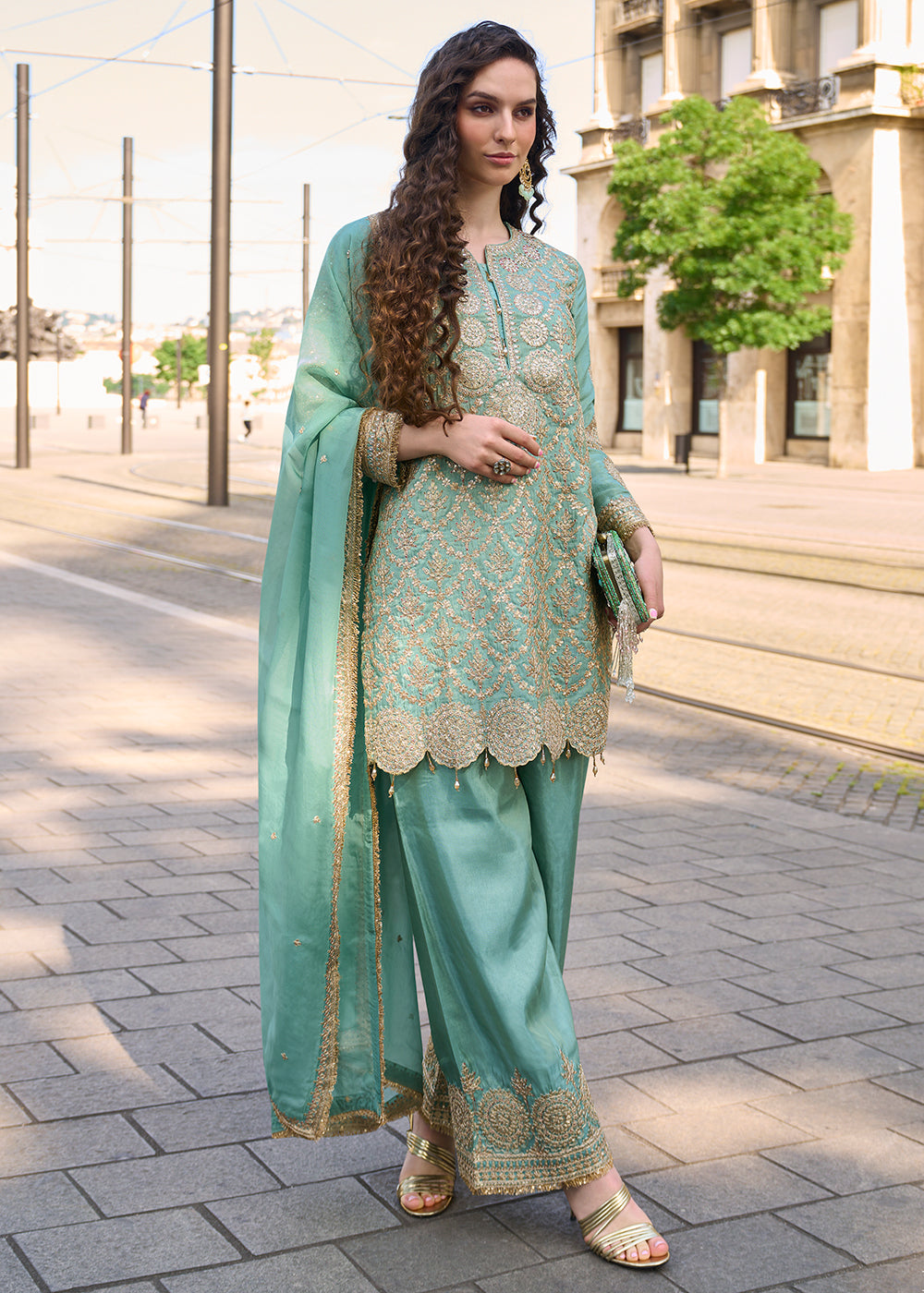 Buy Festive Palazzo Suit Green Embroidered Shimmer Silk Palazzo