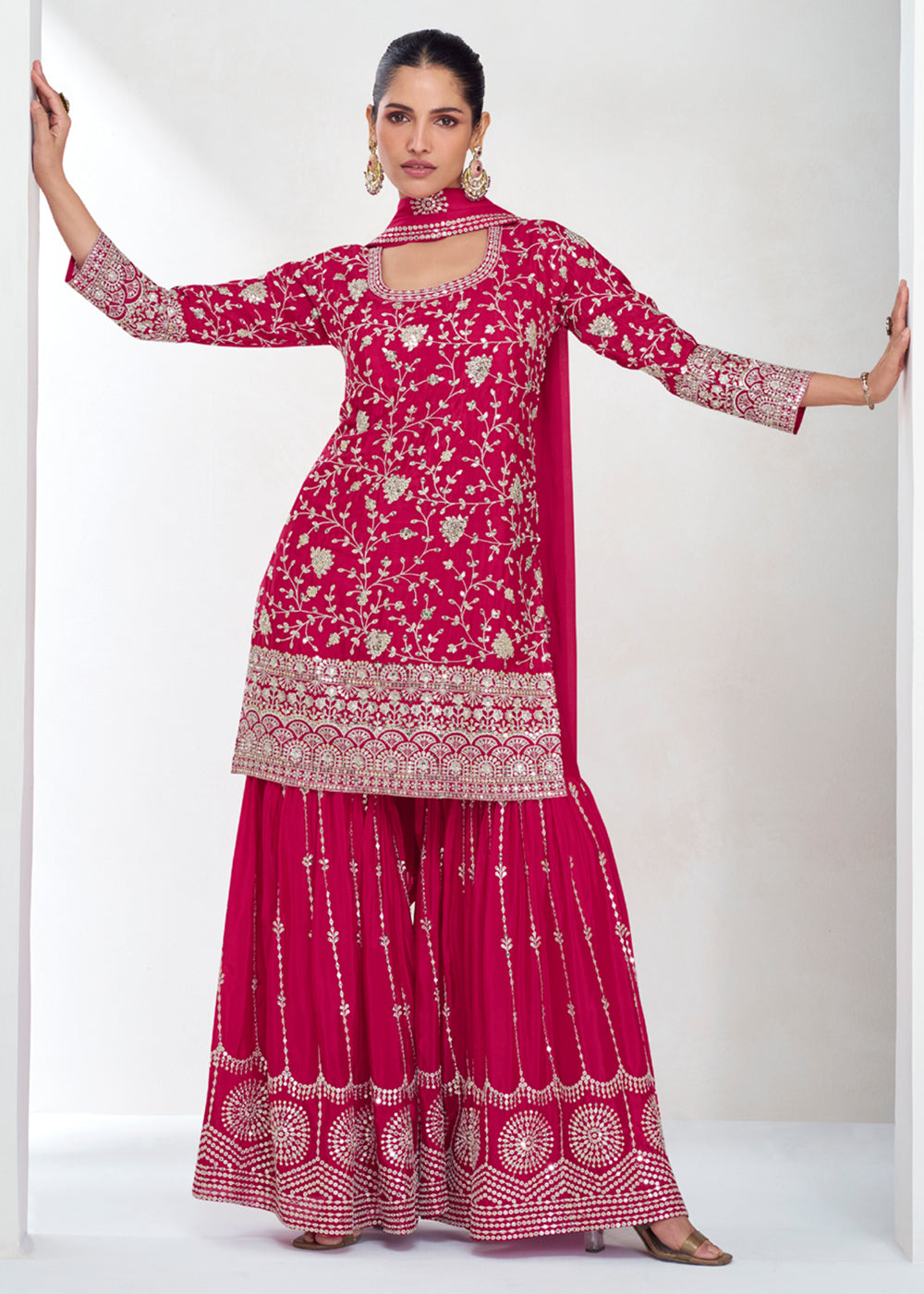 Salmon Pink Embroidered Gharara Suit