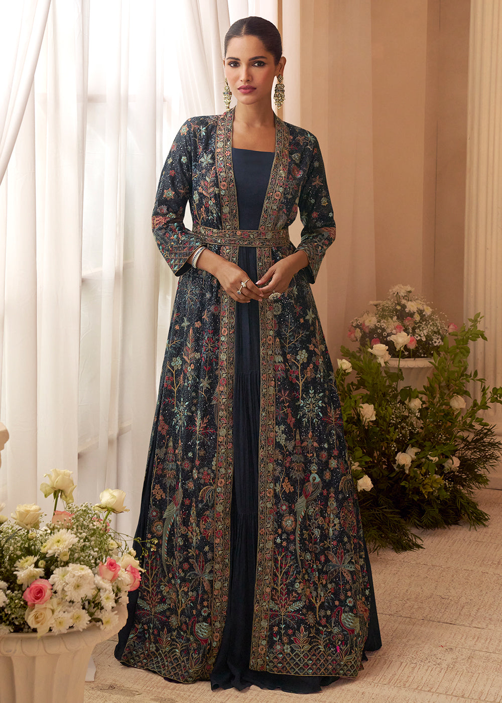 navy blue dress and jacket for wedding Navy Blue Chiffon Tea Length Mother Of The Bride Dress with Long Sleeved Jacket
