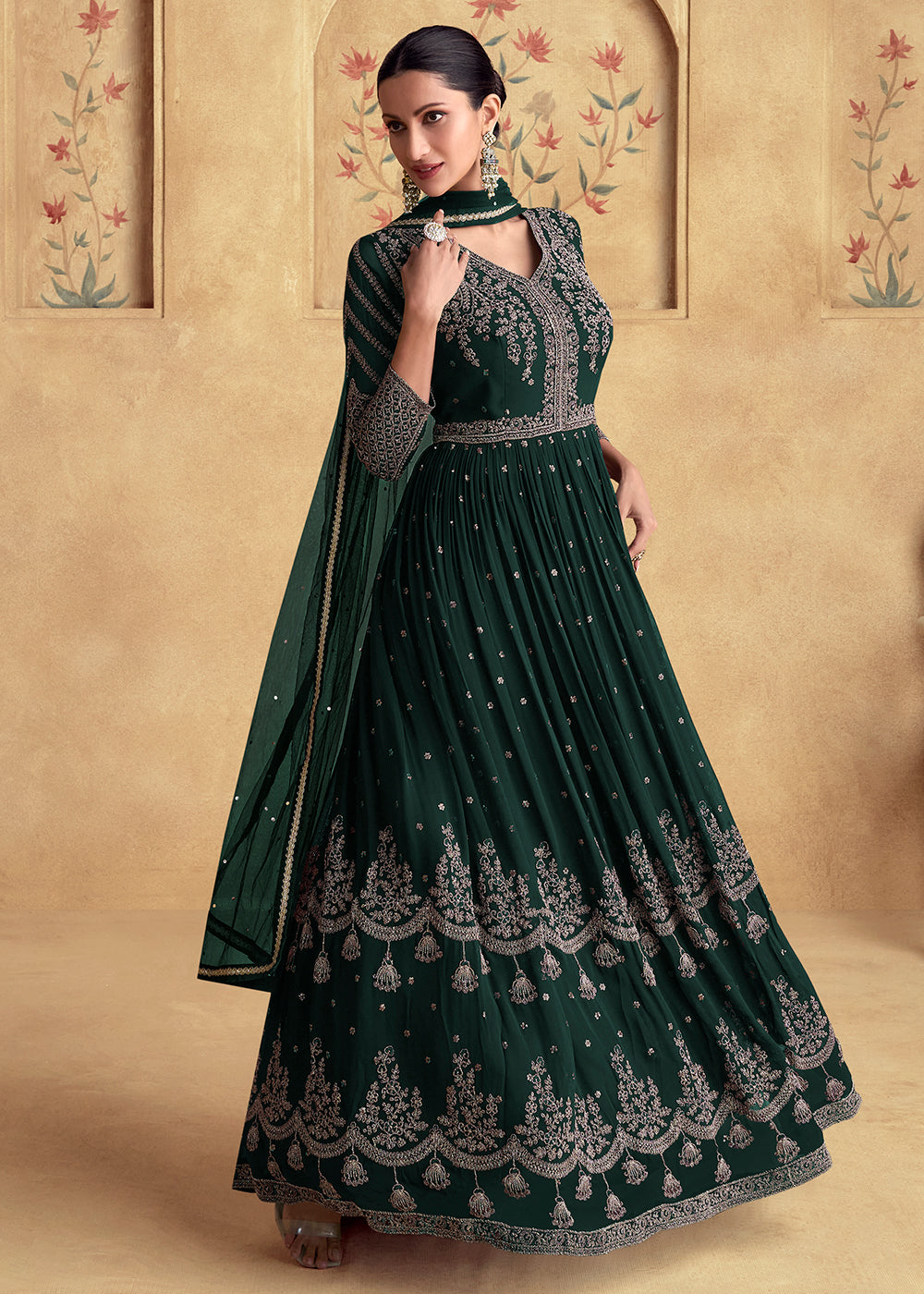 Buy Designer Anarkali in USA - Dark Green Wedding Style Anarkali Gown Empress Clothing Buy Designer Anarkali in USA - Dark Green Wedding Style Anarkali Gown Empress Clothing