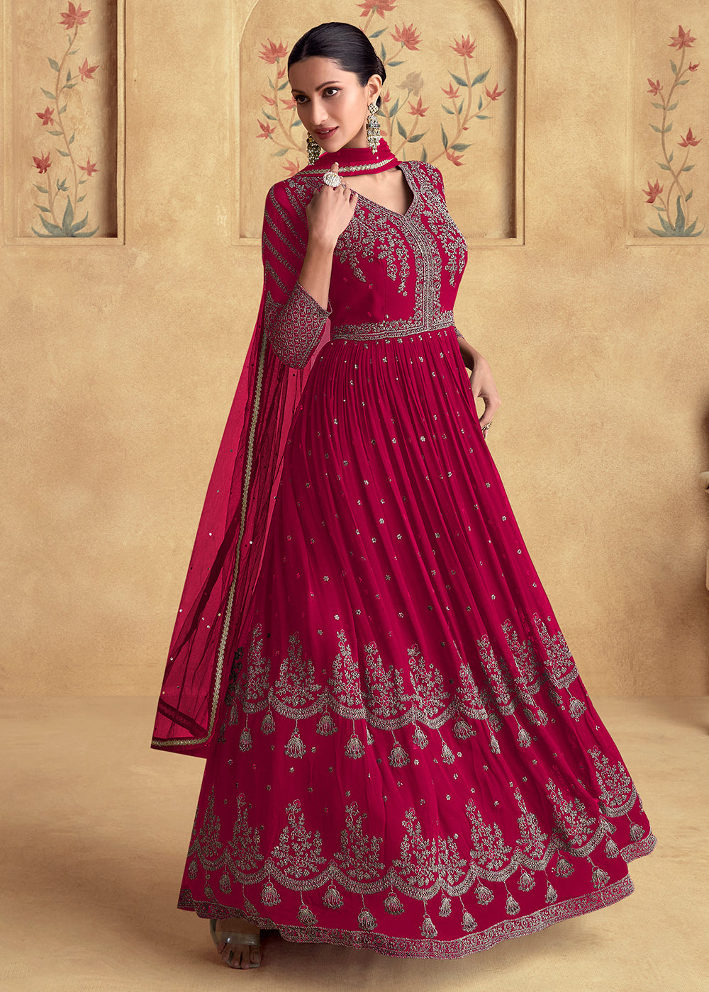 strapless open back dress Noorsaba-Designer Red Bridal Chiffon Long shirt with intricate handwor –  Pakistani Moda main image 0