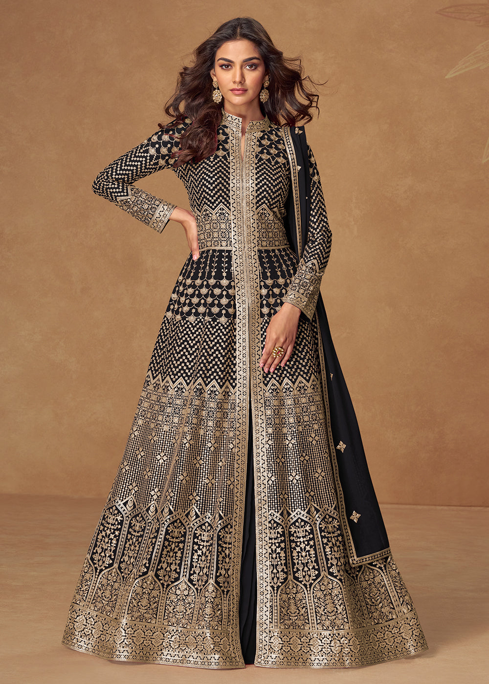 frame gold dress Neerus Black Ethnic Embroidered Silk Anarkali Suit Set