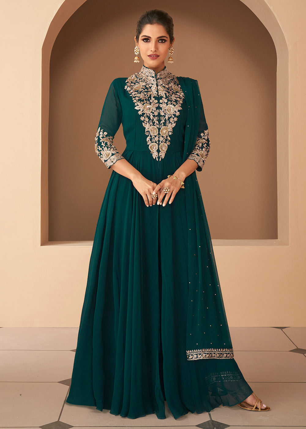Luminous Bottle Green Front Slit Premium Anarkali Suit Luminous Bottle Green Front Slit Premium Anarkali Suit