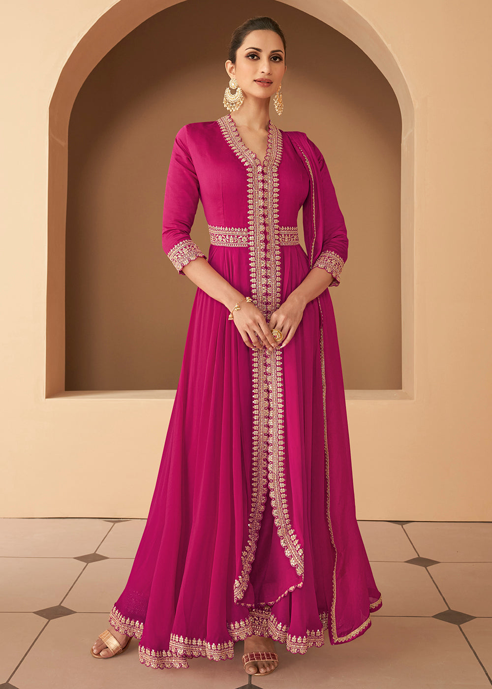 Ingenious Hot Pink Front Slit Silk Georgette Anarkali Suit Ingenious Hot Pink Front Slit Silk Georgette Anarkali Suit