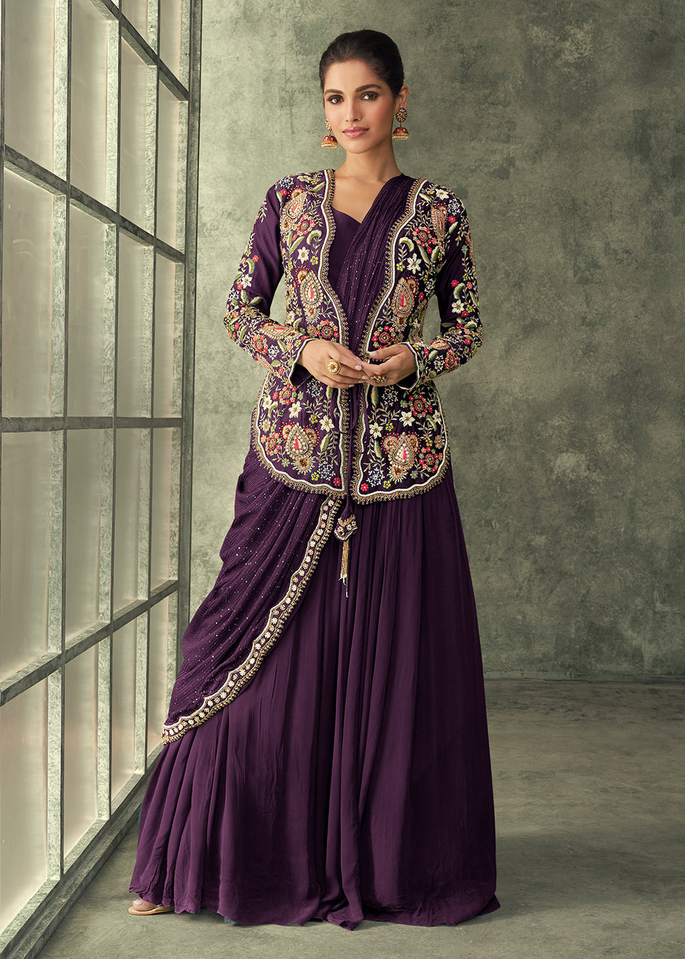 Buy Gown Plum Purple Silk Embroidered Designer Gown with Jacket