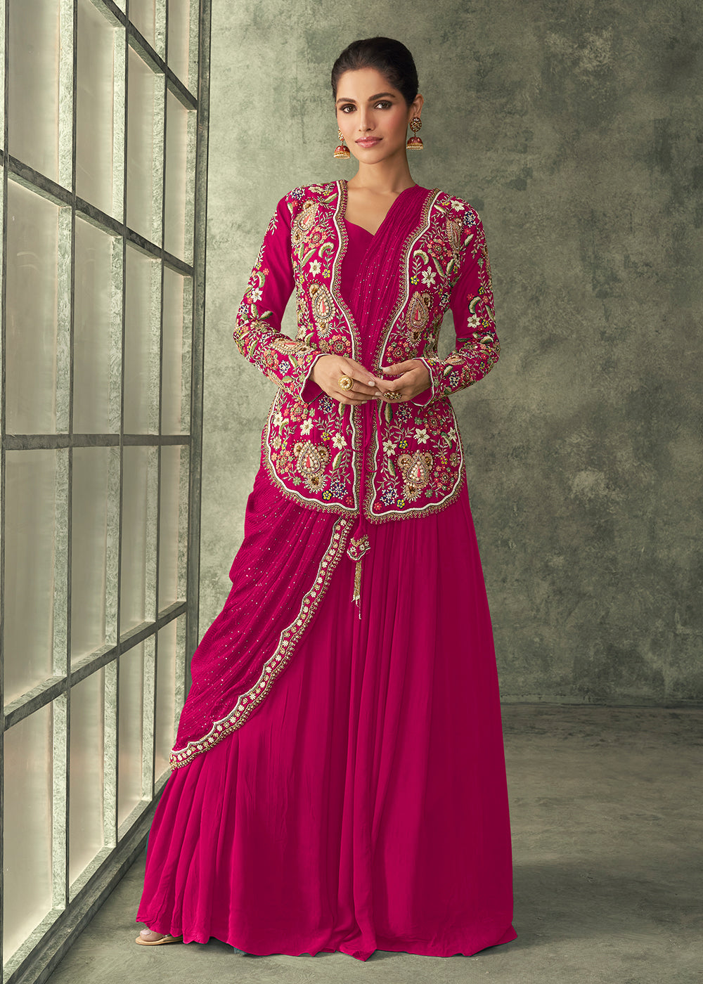 Buy Gown Rani Pink Silk Embroidered Designer Gown with Jacket