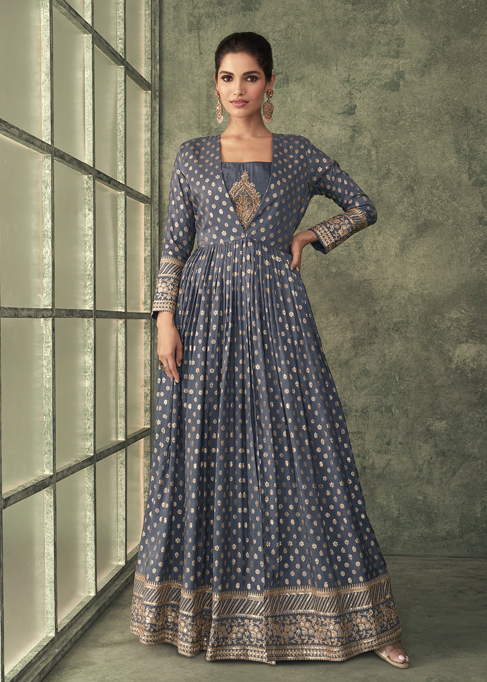 Buy Pretty Grey Viscose Silk Embroidered Anarkali Gown with Jacket
