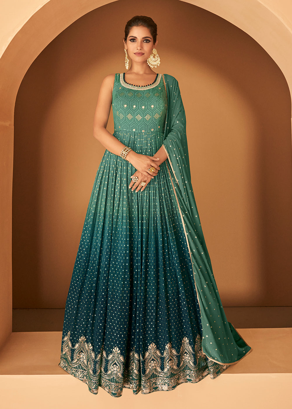 Buy Gown Georgette Rama Green Embroidered Designer Wedding Gown
