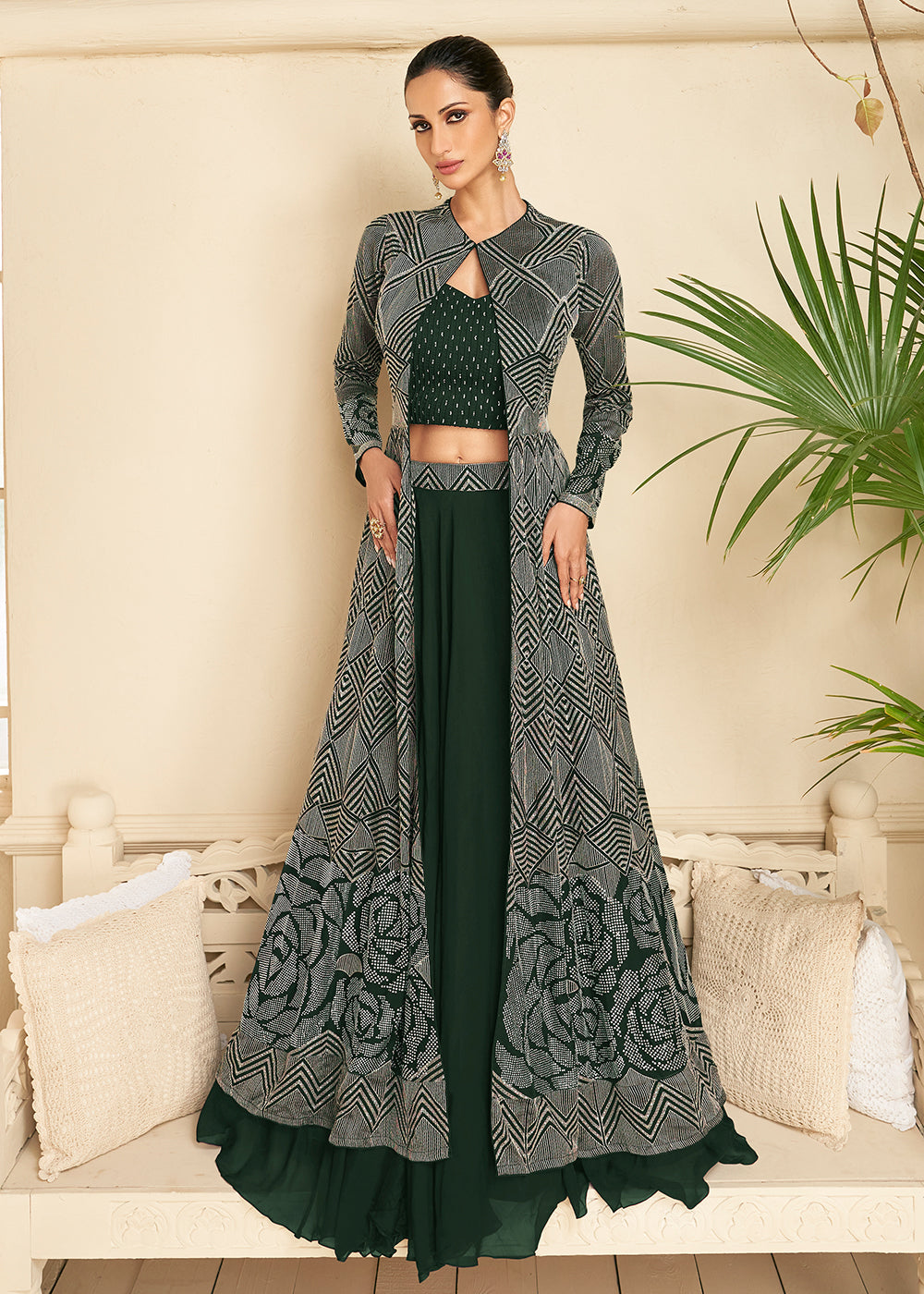 Buy Wedding Party Lehenga - Dark Green Jacket Style Lehenga Skirt Suit Empress Clothing Buy Wedding Party Lehenga - Dark Green Jacket Style Lehenga Skirt Suit Empress Clothing