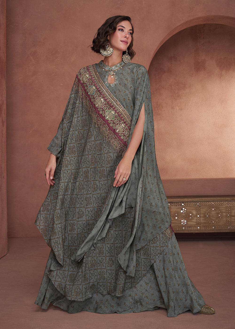 Buy Indo-Western Dress Taupe Green Designer Printed Work Dress