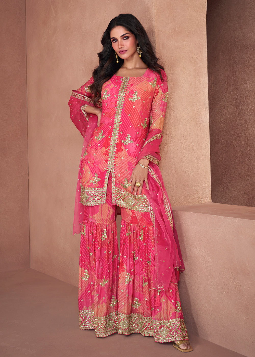 pink gharara dress Rose Pink Gharara Kameez Embellished Pakistani Wedding Dress SMALL