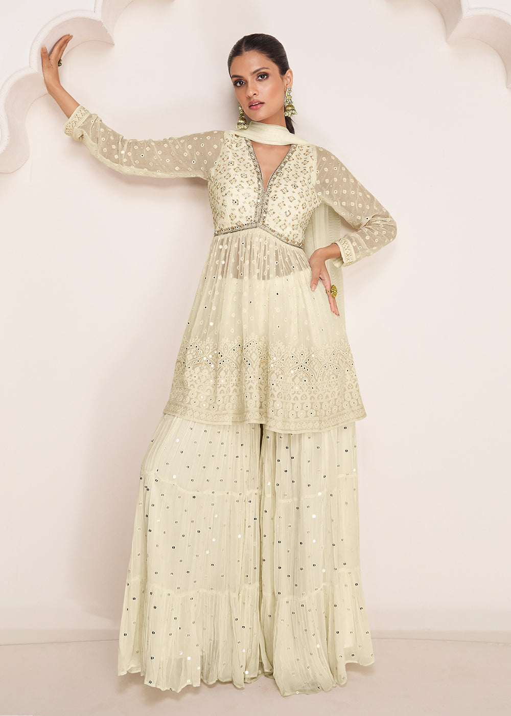 Party Ivory Cream Embroidered Peplum Style Sharara Suit