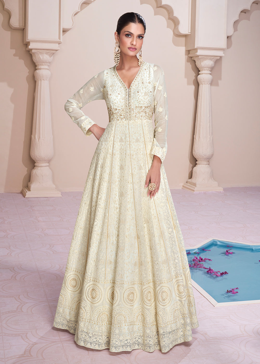 Buy Wedding Anarkali Lucknowi Embroidered Off White Georgette
