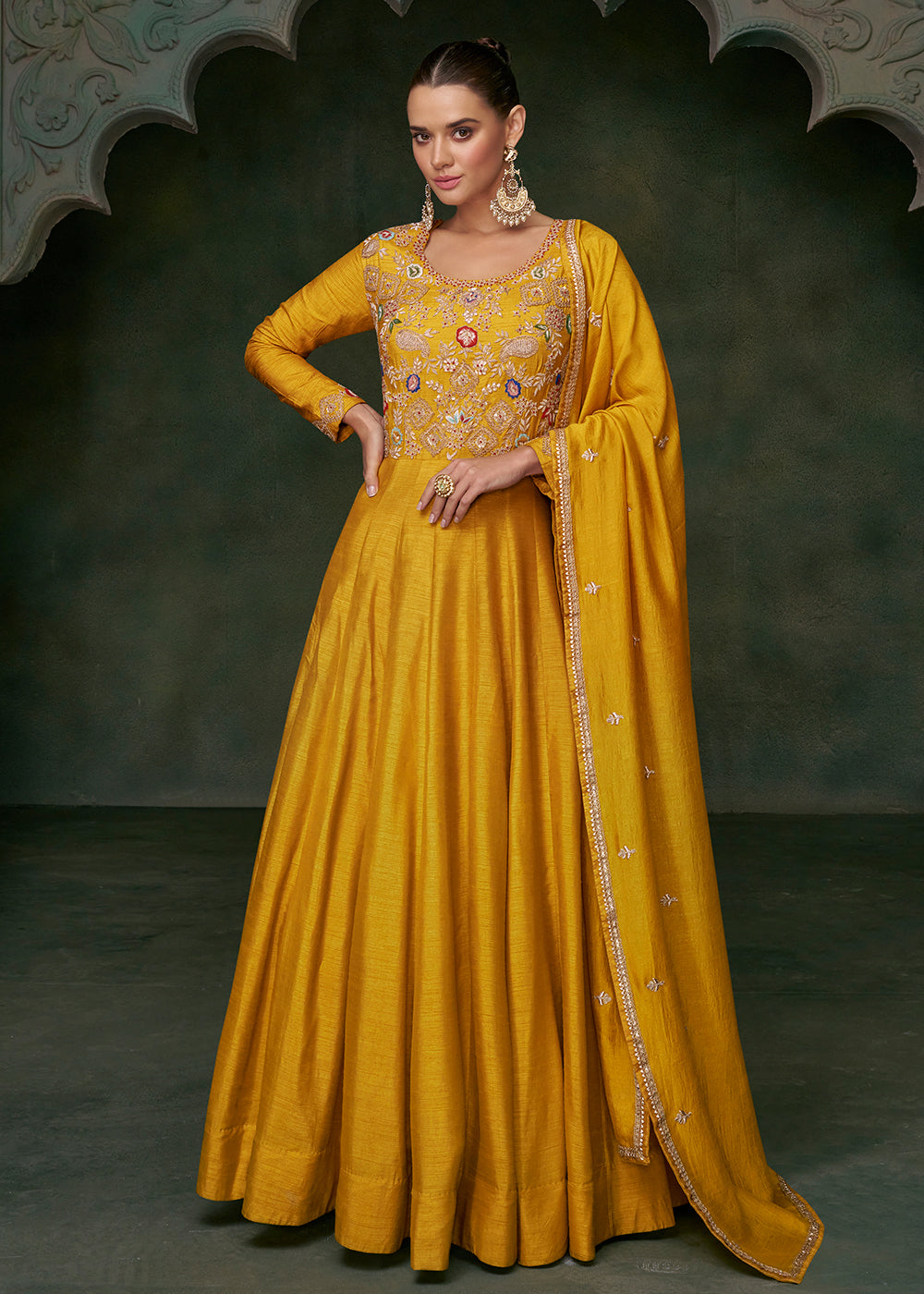 mustard yellow dress online india Neerus Yellow Floral Thread Embroidered Rayon Maxi Dress for Festive Women Neerus India