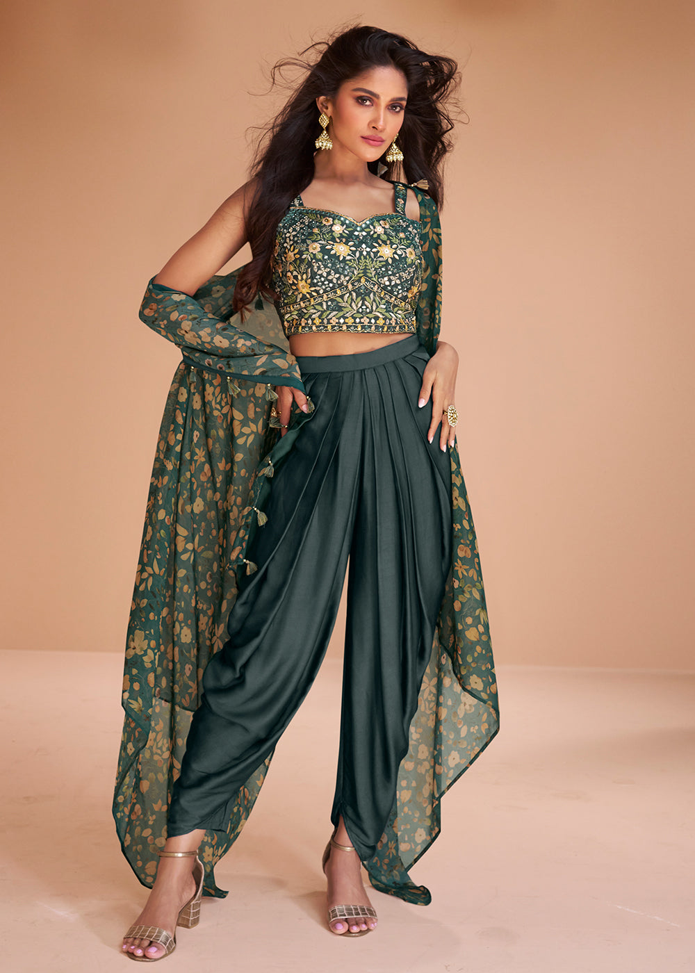 Buy Indo Western Style Dhoti Pant Suit Deep Teal Satin Silk Suit