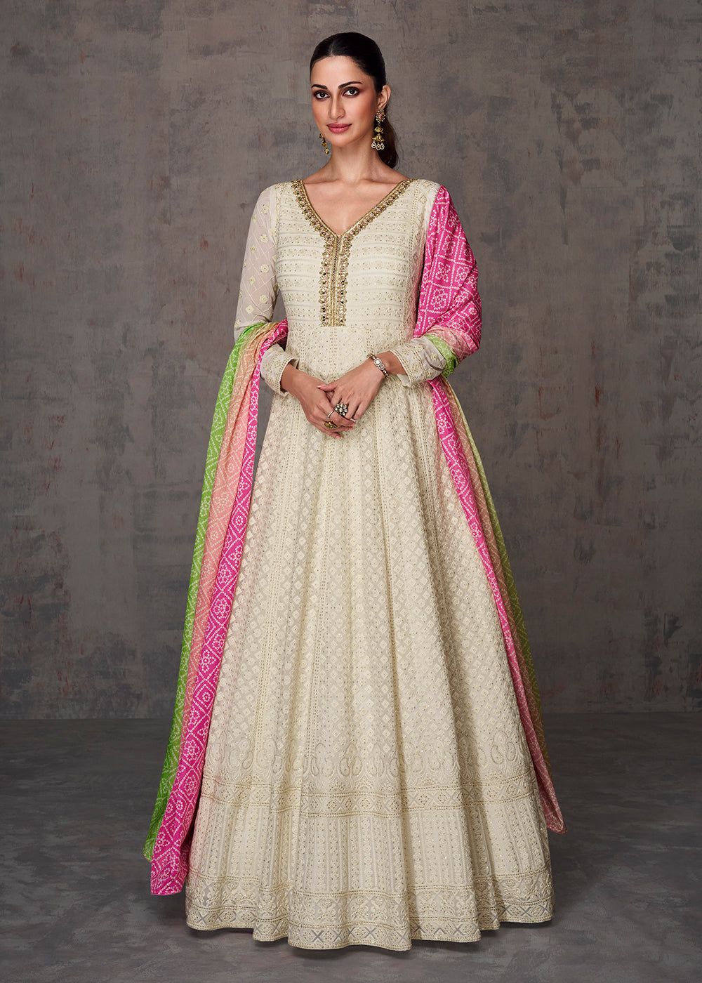 Buy Long Anarkali Pretty Cream Wedding Wear Embroidered Anarkali