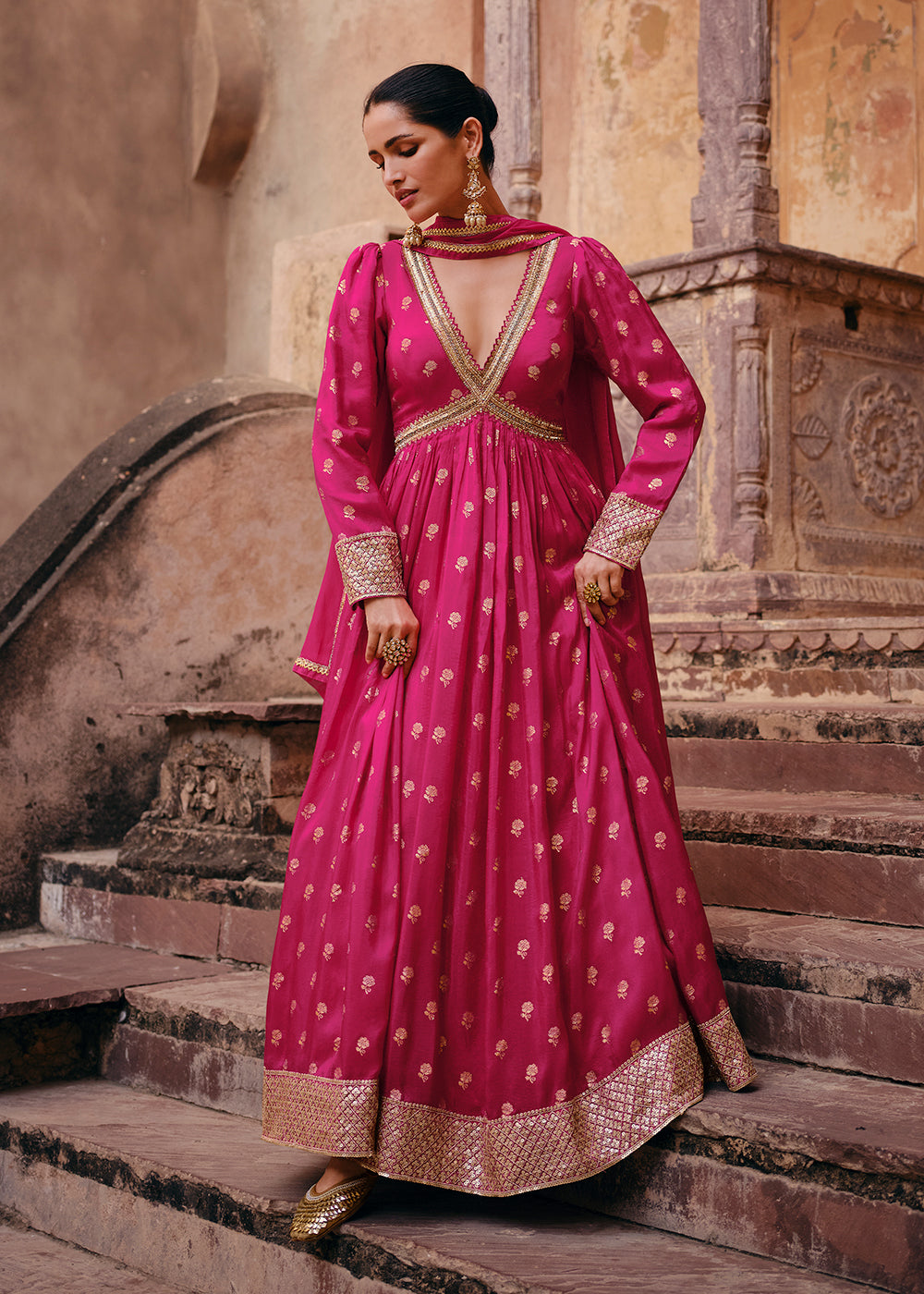 Pink Pure Viscose Jacquard Silk Embroidered Designer Anarkali Suit Pink Pure Viscose Jacquard Silk Embroidered Designer Anarkali Suit