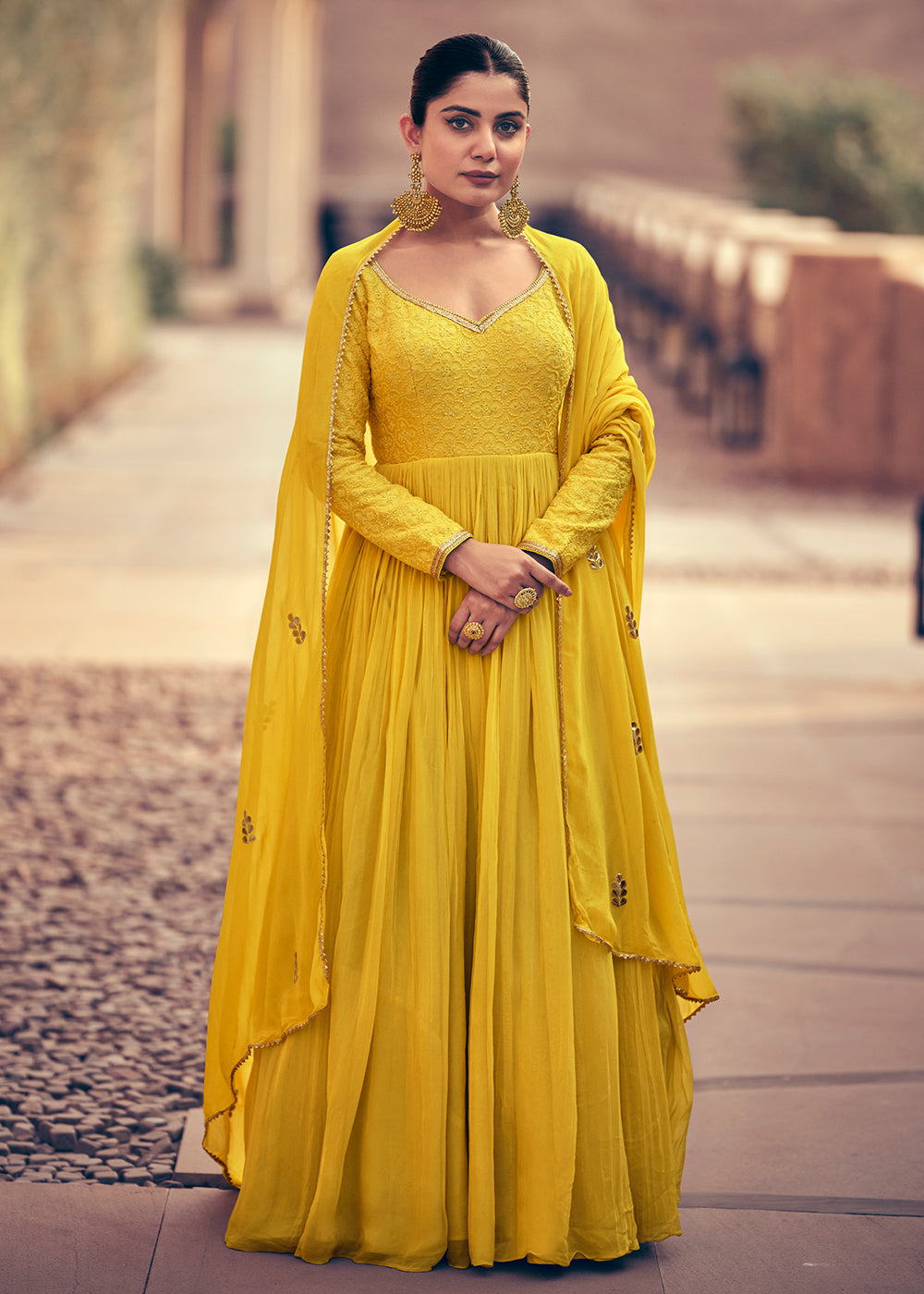 Georgette Anarkali Festive Style Yellow Embroidered Anarkali