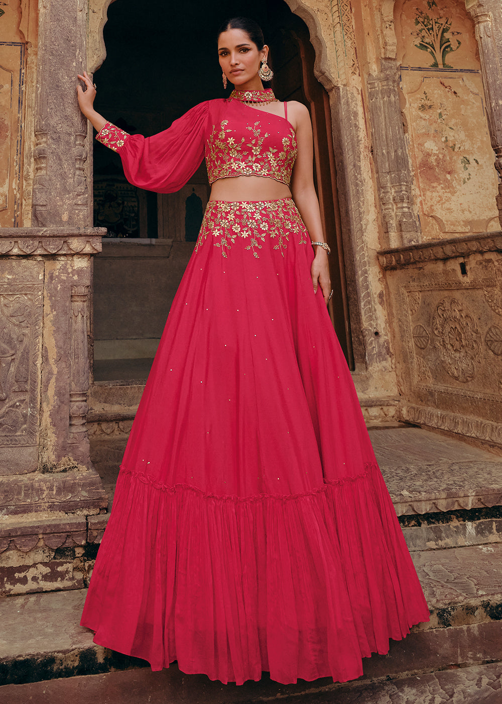 Buy Bridesmaids Lehenga Magenta Pink Chinnon Embroidered Lehenga