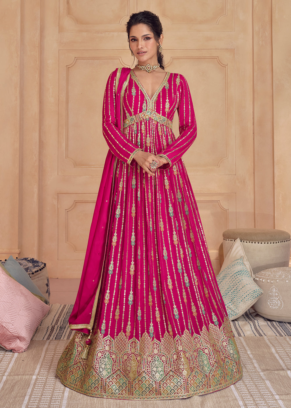 Shop Long Gown Hot Pink Real Georgette Embroidered Anarkali Gown