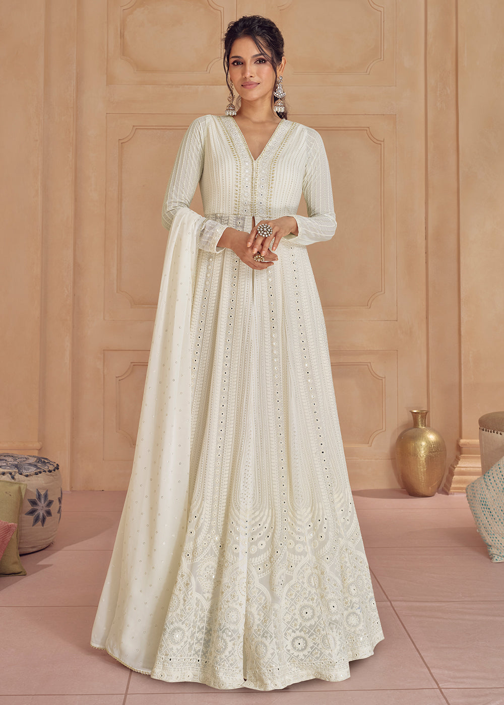 Palazzo Style Off White Lucknowi Embroidered Anarkali Suit Palazzo Style Off White Lucknowi Embroidered Anarkali Suit