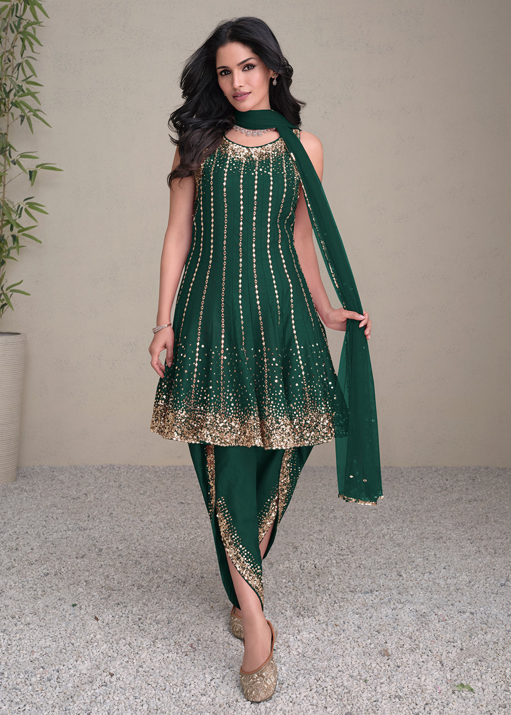 Charming Green Silk Embroidered Festive Dhoti Style Suit