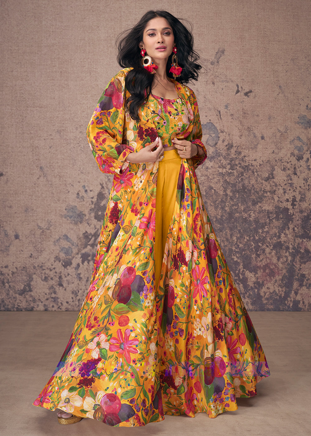 Mustard Crepe Silk Jacket Style Indo Western Dress Mustard Crepe Silk Jacket Style Indo Western Dress