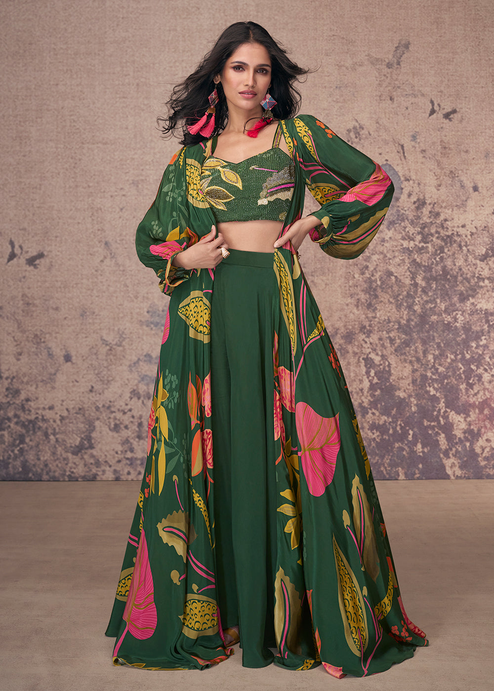 Buy Indo-Western Dress Green Silk Jacket Style Indo Western