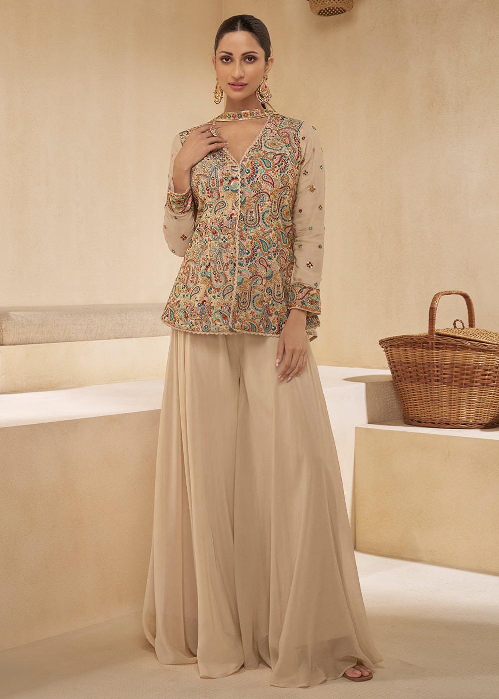 Beige Designer Embroidered Party Wear Sharara Suit