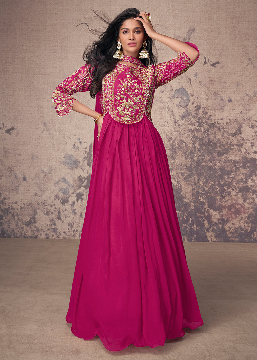 Wedding Anarkali in Canada Hot Pink Silk Embroidered Anarkali