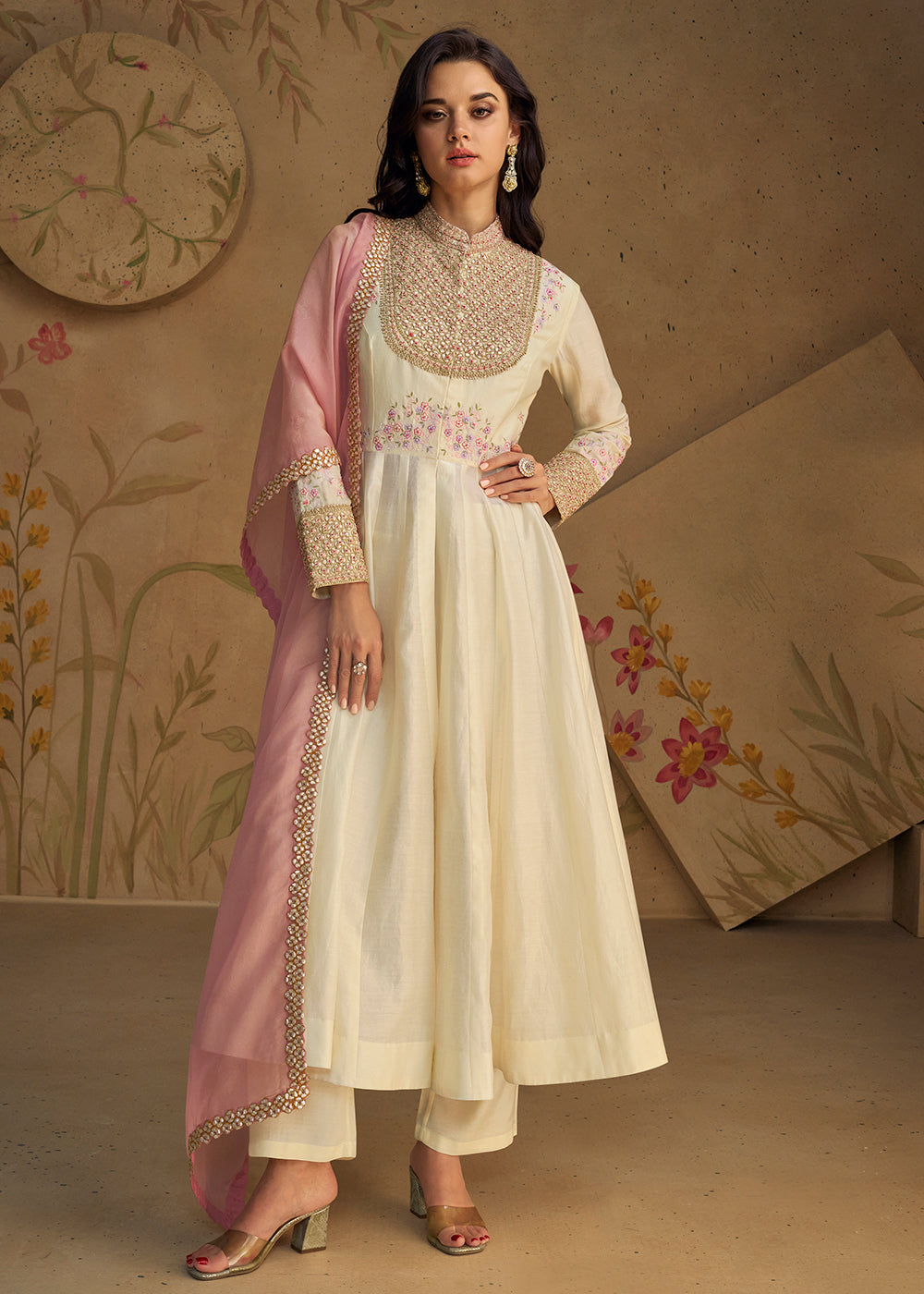 silk white anarkali dress White Vichitra Silk Anarkali Suit with Rani Pink Heavy Dupatta